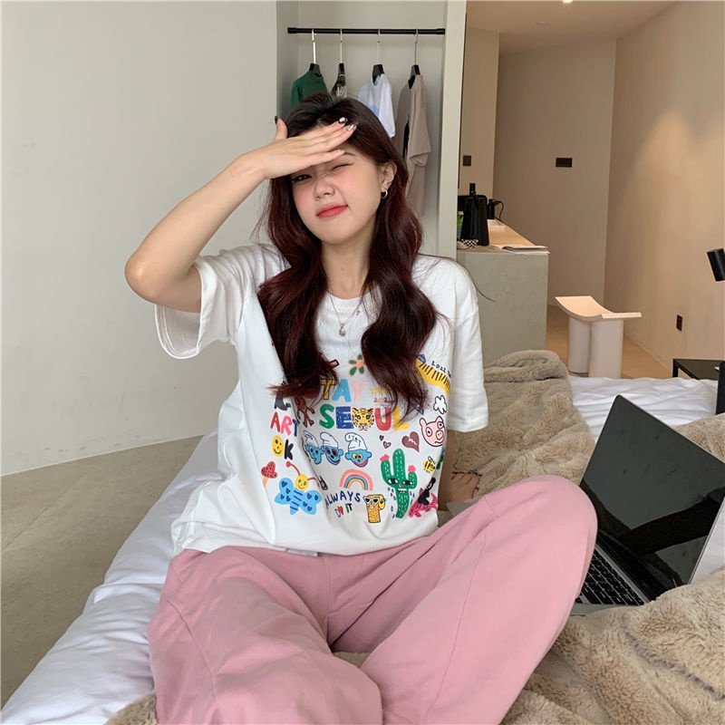 Áo Thun Ngắn Tay In Họa Tiết Hoạt Hình Xinh Xắn Dành Cho Nữ