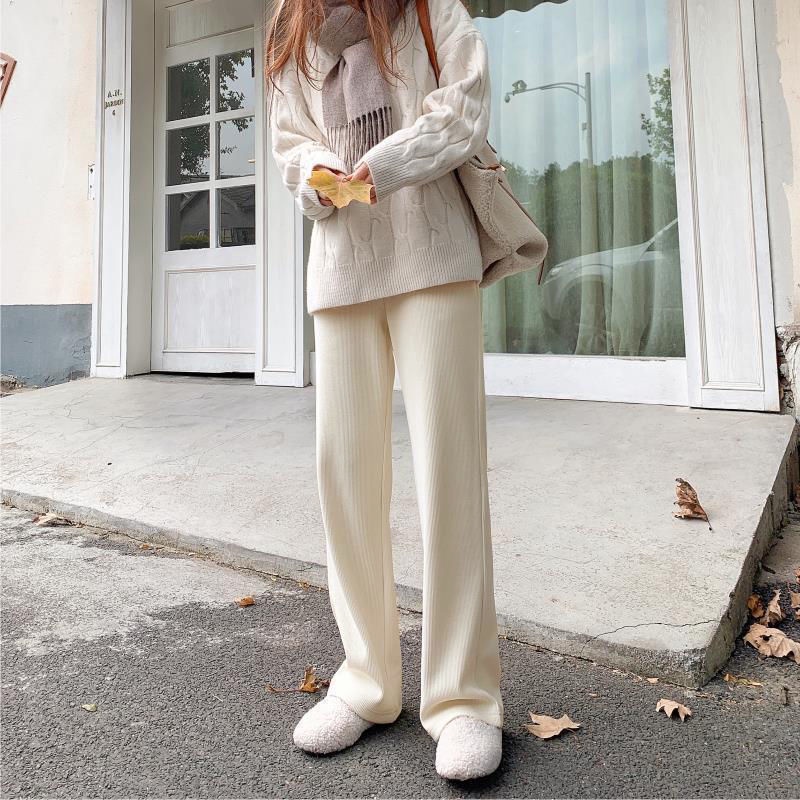 Quần dài vải nhung ống rộng lưng cao thời trang thu đông cho nữ