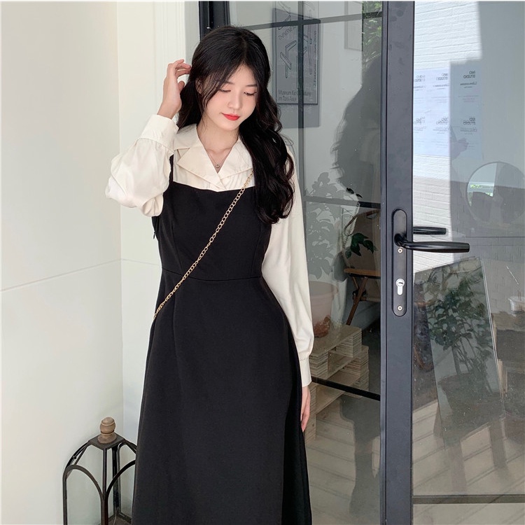 Đầm Chữ A Tay Dài Màu Sắc Tương Phản Phong Cách Hàn Quốc Dành Cho Nữ