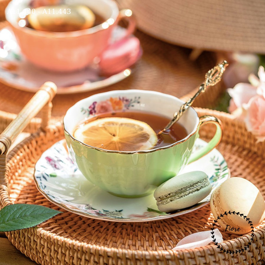 Tách trà - tách trà chiều sứ xương kiểu Anh viền vàng có hoa bên trong kèm đĩa cao cấp nhiều màu