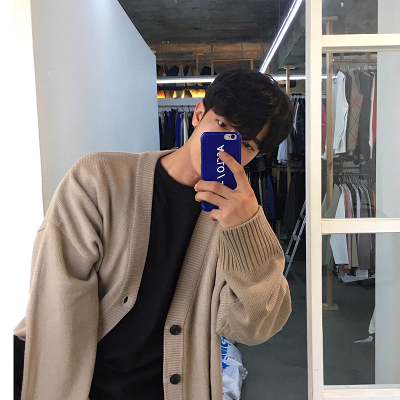 Áo Khoác Cardigan Dệt Kim Cổ Chữ V Màu Trơn Phong Cách Hàn Quốc Thời Trang Mùa Thu Dành Cho Nam Fru185