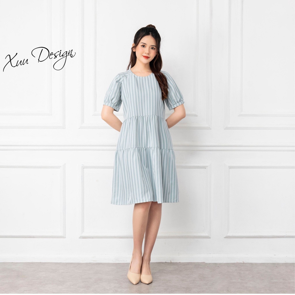 Đầm suông babydoll XUU cổ tròn, thiết kế 2 tầng xòe trẻ trung V07