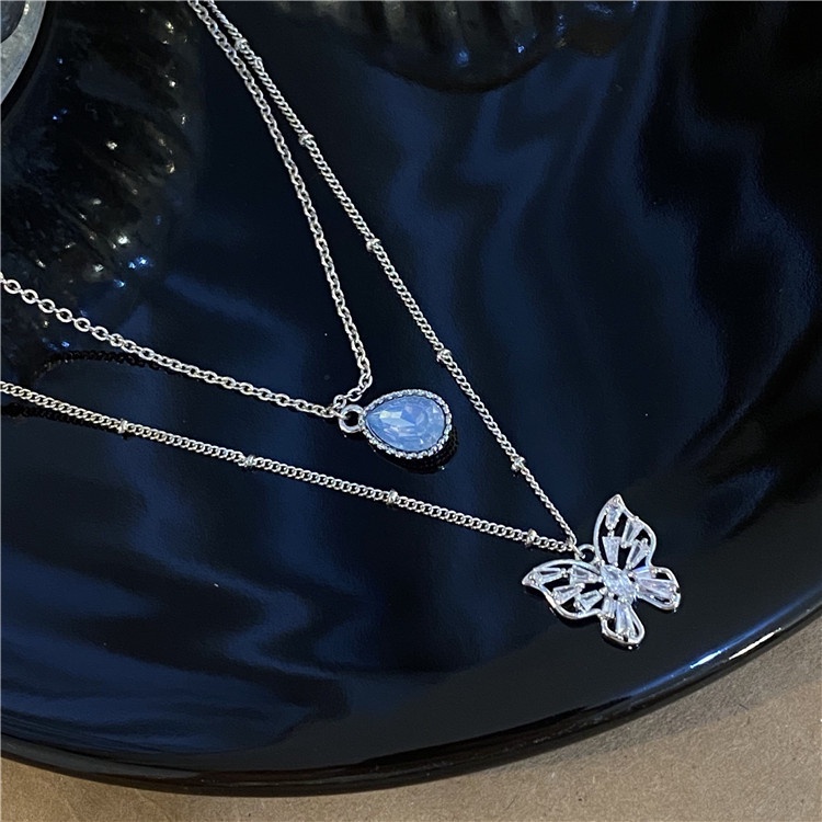 Dây chuyền 19A1074 đính đá zircon hình giọt nước màu xanh dương / mặt bướm phong cách cổ điển Hàn Quốc
