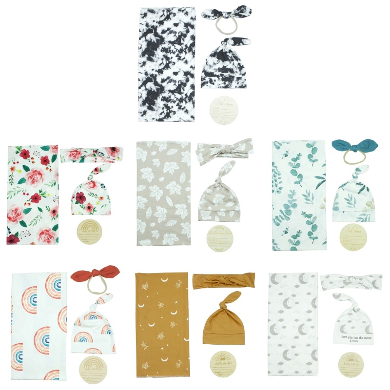 Set Khăn Quấn &amp; Thẻ Đánh Dấu Cột Mốc + Mũ Làm Đạo Cụ Chụp Ảnh Cho Bé Sơ Sinh