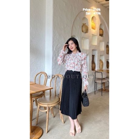 Chân váy xếp li Midi Vintage 2 Lớp Màu Đen