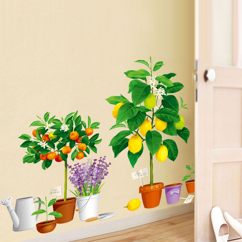 Tranh dán tường Hình nền chậu hoa quả KT 97x83cm, Tranh 3D trang trí phòng khách