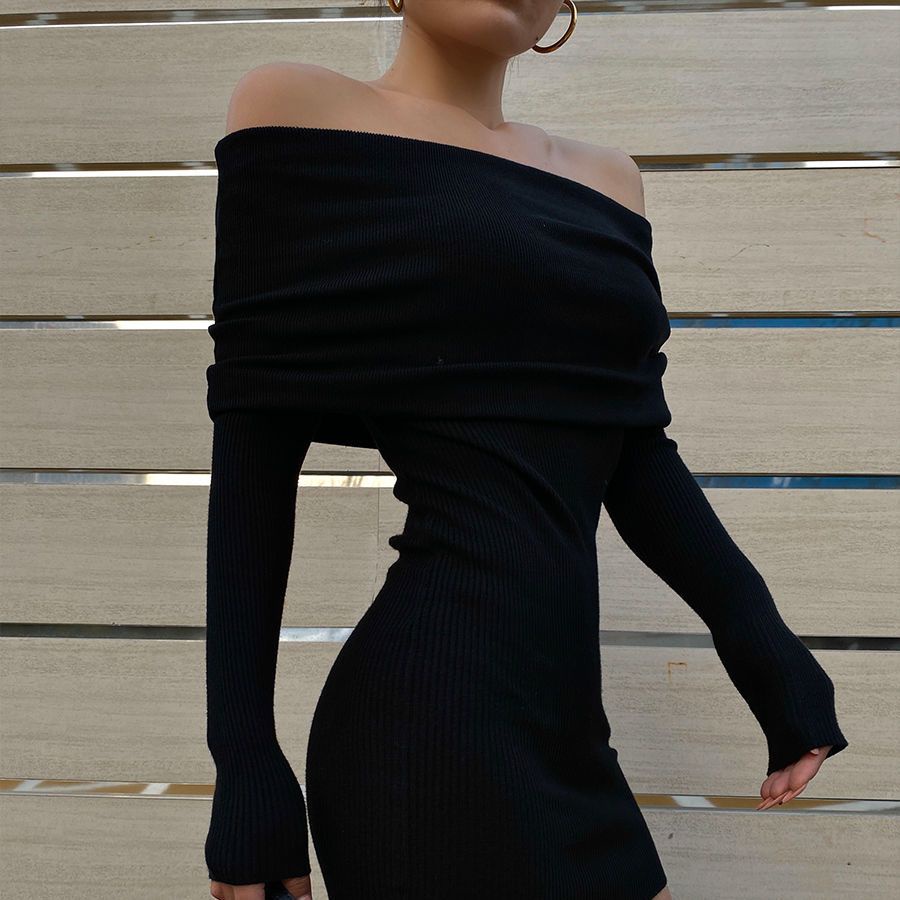 One Đầm Trễ Vai Dài Tay Phong Cách Retro Nữ Tính