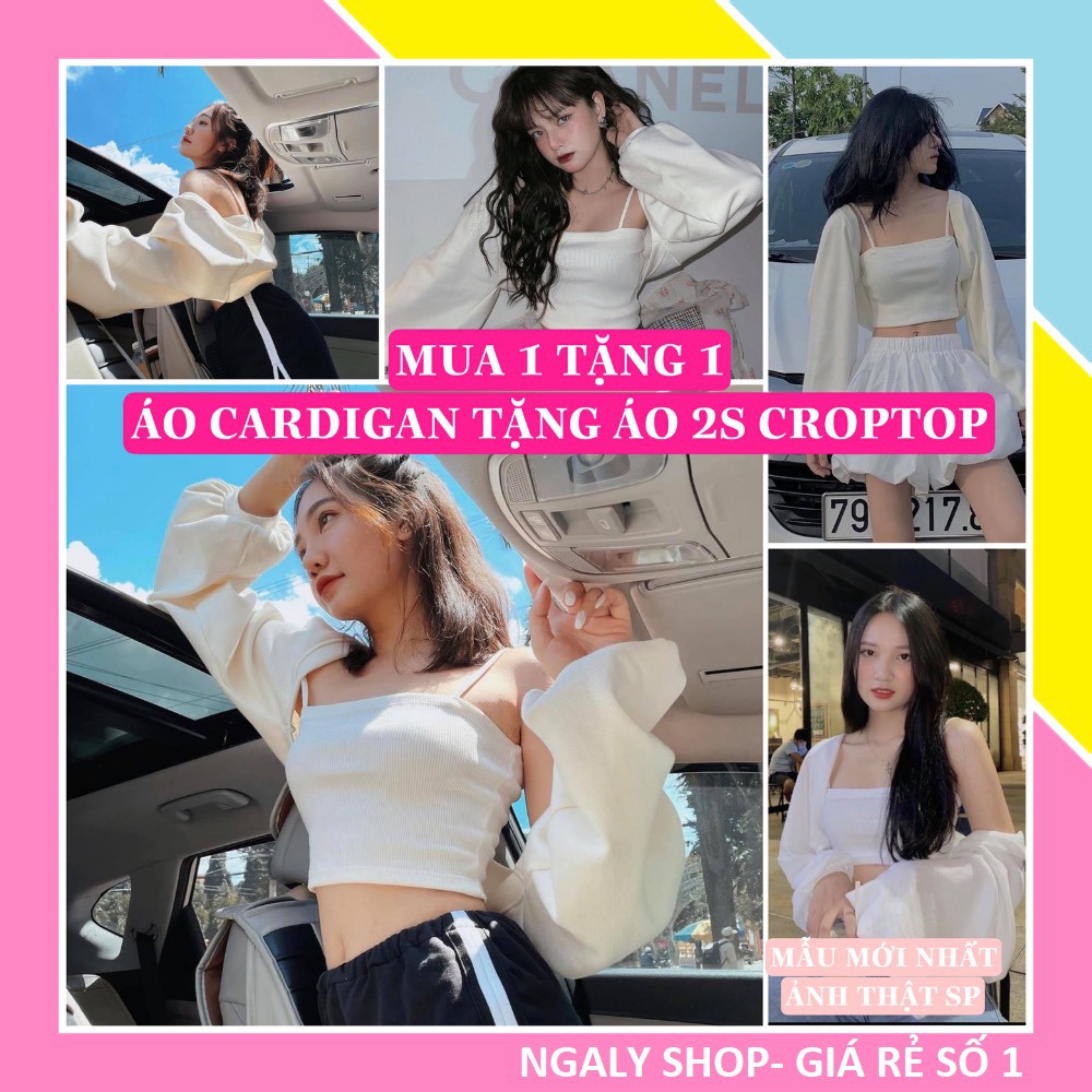 Set 2 Món Áo Croptop Tay Bồng Form Rộng Nữ + Áo 2 dây Ôm Body Ulzzang Áo Khoác Cardigan + Áo Hai Dây Croptop