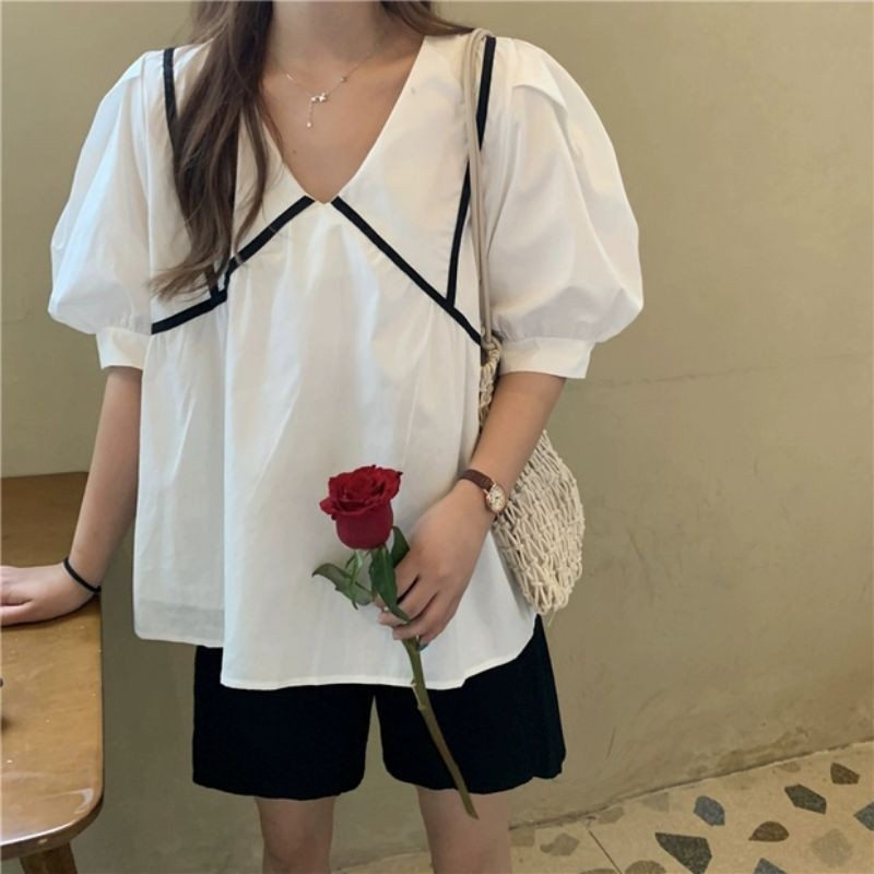 ÁO BABYDOLL CỔ V PHỐI VIỀN MINIHOUSE68 - ÁO KIỂU BABYDO NỮ