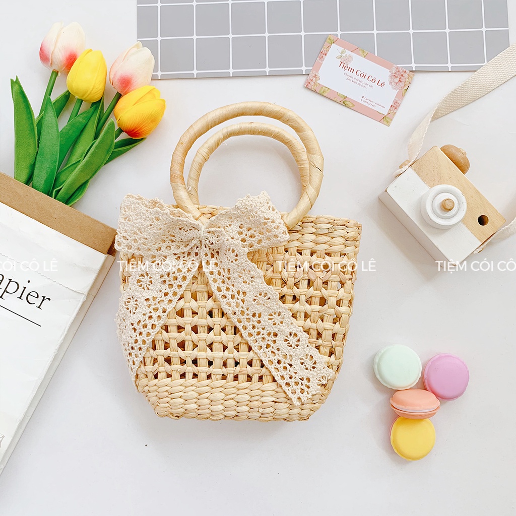 Túi cói mini cầm tay size 20cm đan hoa thị đẹp mắt - Tiệm Cói Cô Lê