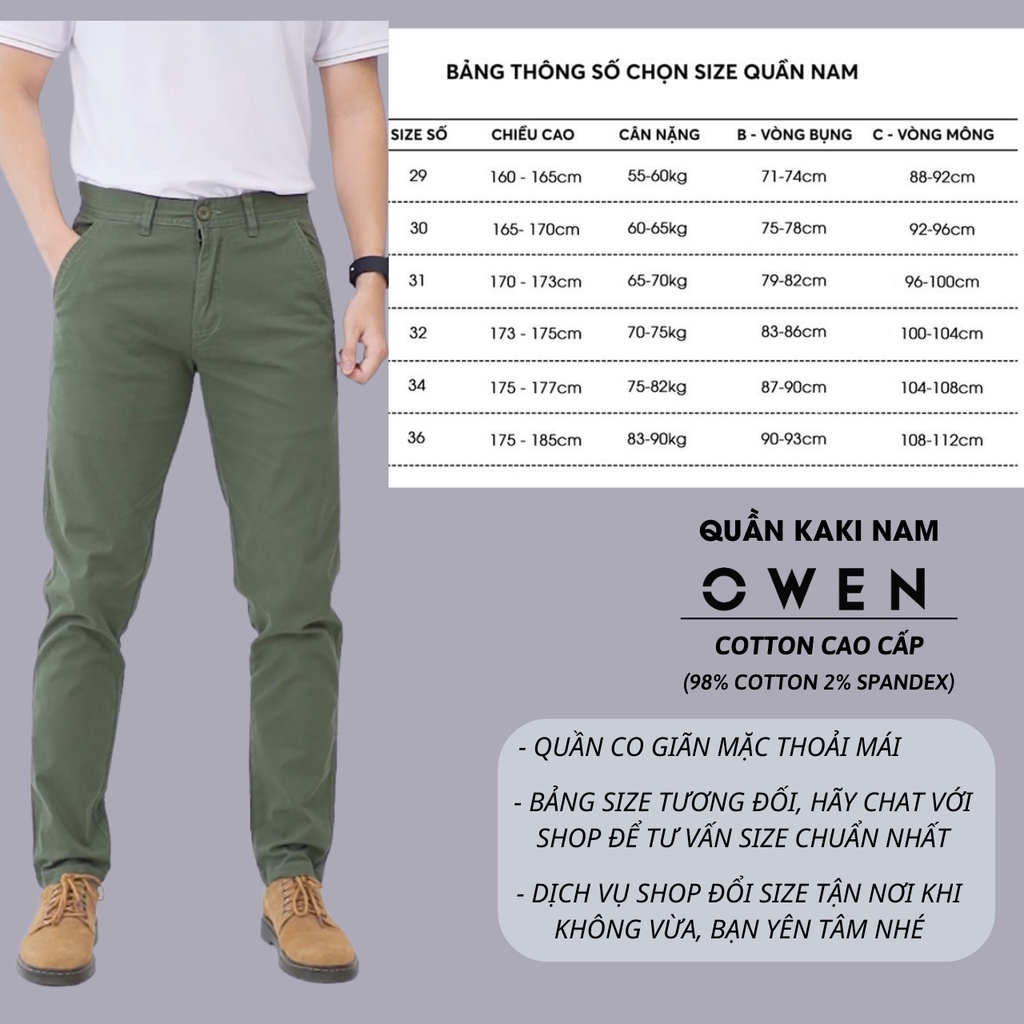 quần kaki nam OWEN chuẩn hãng màu rêu, chất kaki cotton dày dặn, cao cấp, co giãn, form đứng dáng slimfit nhẹ trẻ trung
