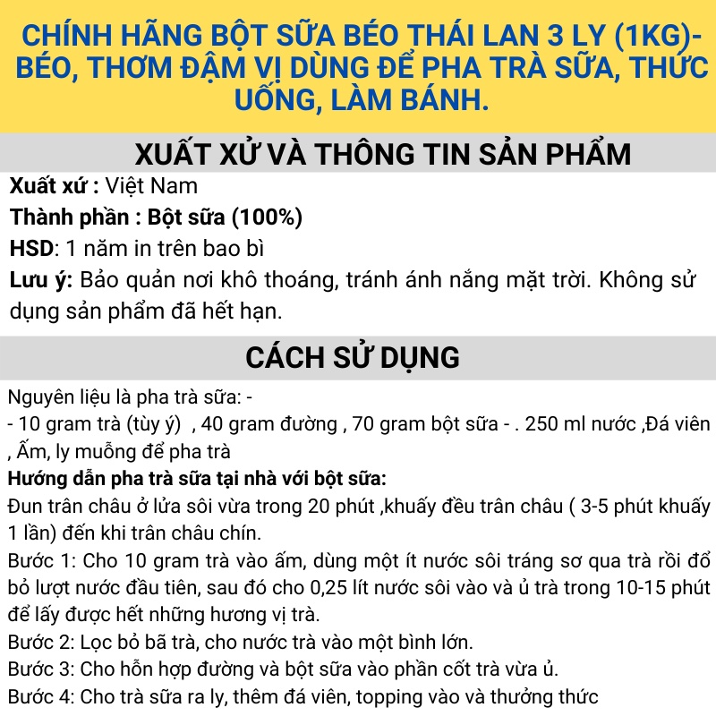 Bột sữa béo Thái Lan 3 Ly Chính hãng  (1KG)-  Nguyên liệu pha chế trà sữa