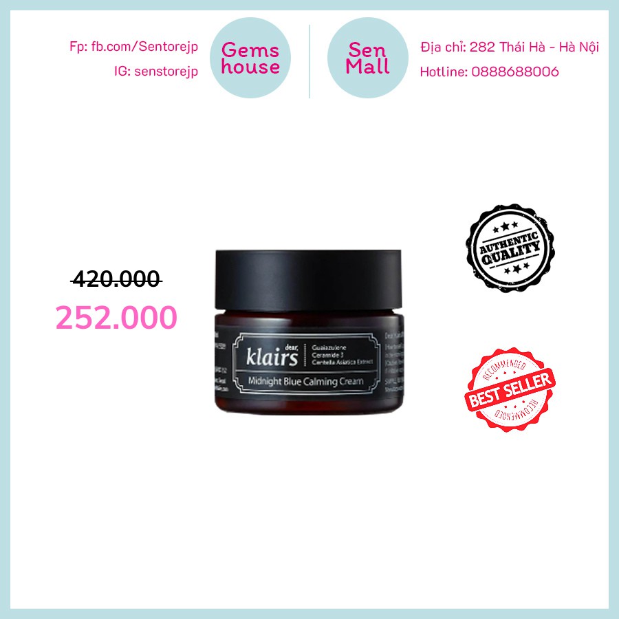 [Mã SKAMA8 giảm 8% đơn 300K] (HÀNG CHÍNH HÃNG) KEM DƯỠNG KLAIRS MIDNIGHT BLUE CALMING CREAM 30ML / 60ML | BigBuy360 - bigbuy360.vn