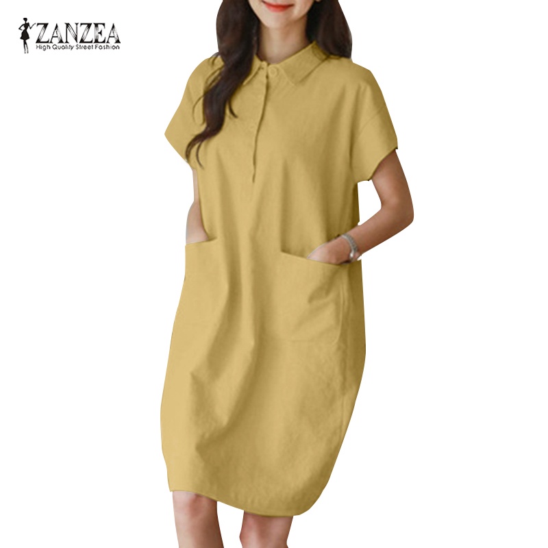 Đầm midi Zanzea ngắn tay cổ bẻ phong cách Hàn Quốc thanh lịch cho nữ