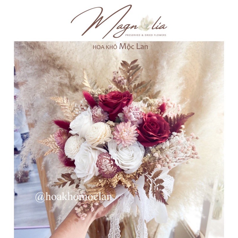 Bó Hoa cưới cầm tay cưới cô dâu tone trắng đỏ vàng đồng siêu sang trọng vintage