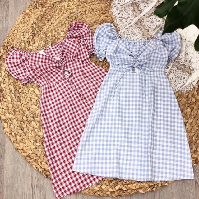 Đầm caro rút ngực tay phồng (có ảnh thật) | BigBuy360 - bigbuy360.vn