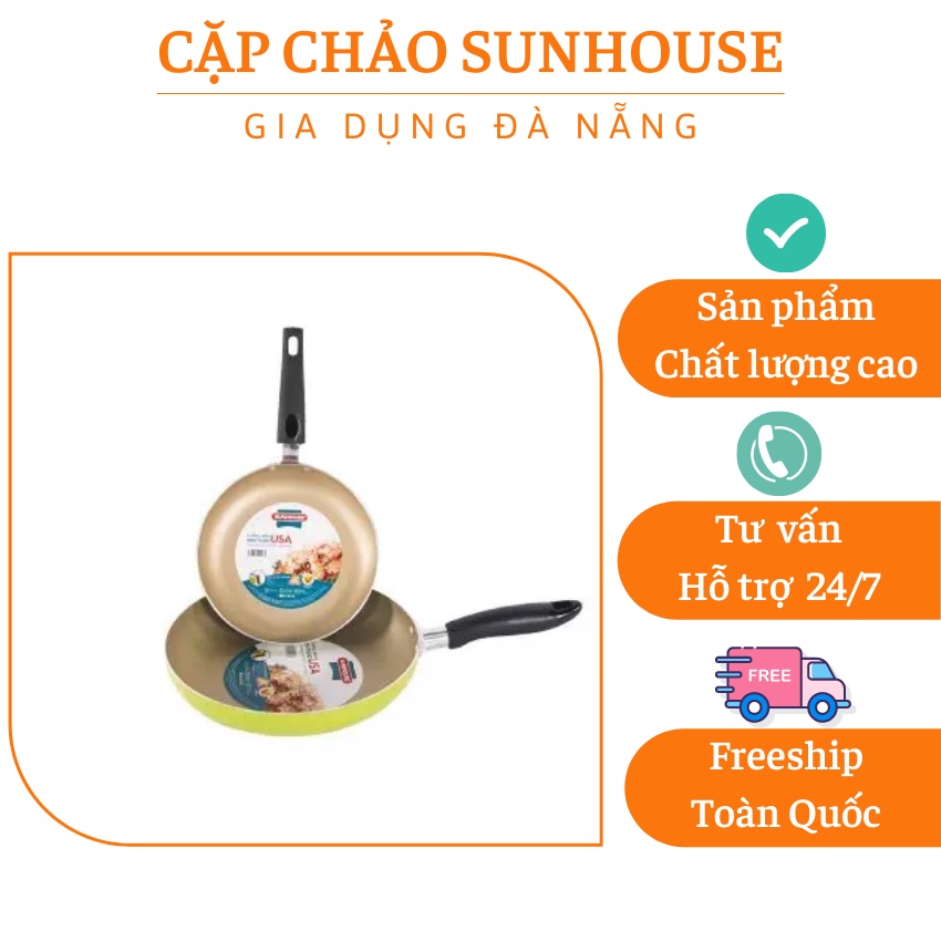 Chảo cặp Sunhouse  HÀNG CAO CẤP  chảo đôi phủ lớp chống dính dùng siêu bền (18cm +24 cm)