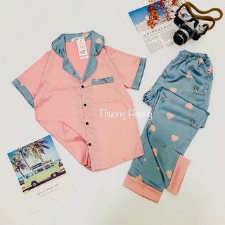 Pyjama Lụa Áo Cộc Quần Dài Hoạ Tiết Dễ Thươngo