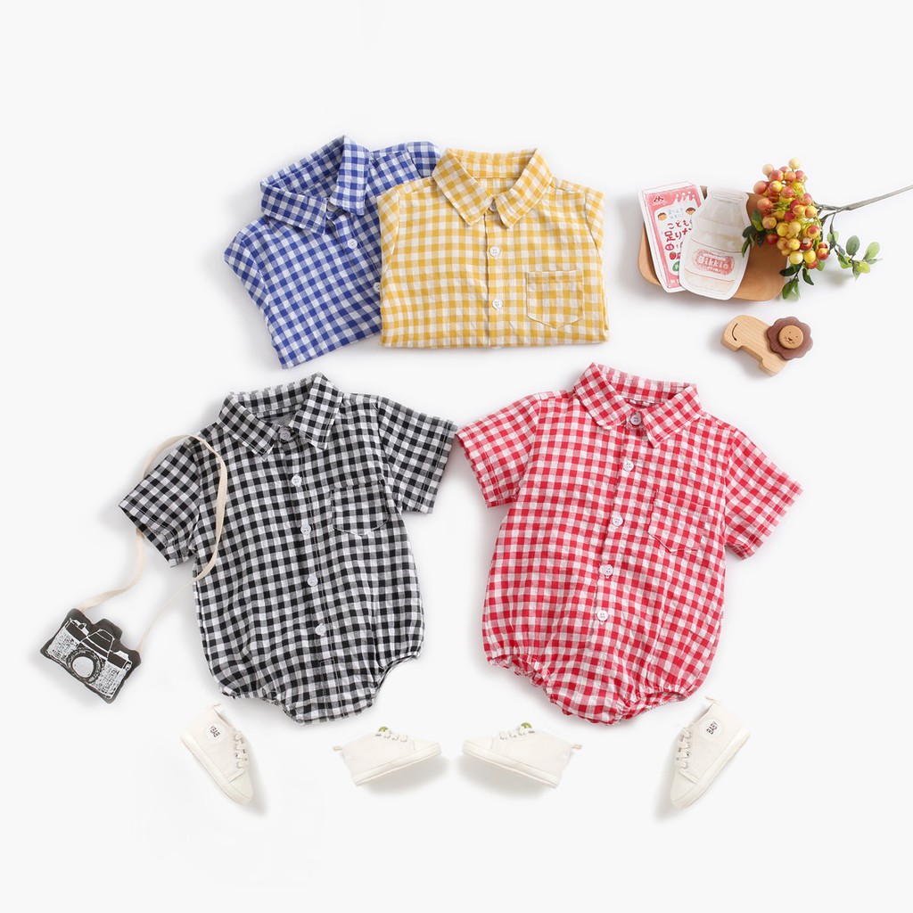 Áo liền quần ngắn Sanlutoz bằng cotton họa tiết ca rô phong cách mùa hè cho bé trai