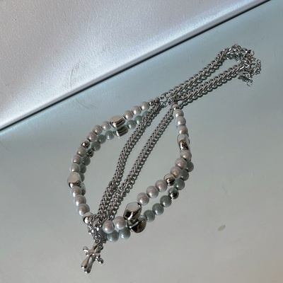 Vòng cổ Hai Lớp Đính Hạt Chữ Thập Phong Cách Hip hop Dành Cho Cặp Đôi