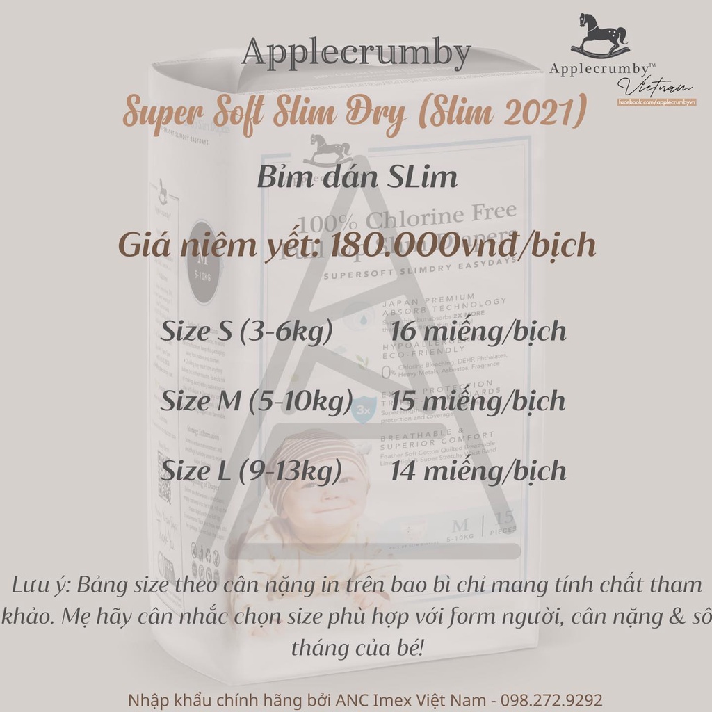 Bỉm dán/ quần cao cấp APPLECRUMBY SLIM S28/M26/L20/XL18/XXL16