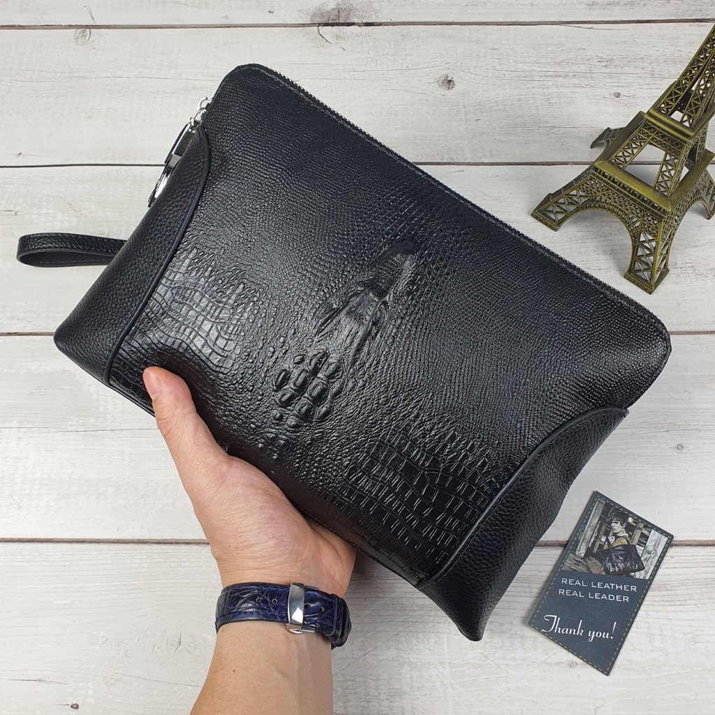 Clutch nam da bò thật phối da vân cá sấu có khóa số CL143LEA  - 100% da thật, BH 3 năm