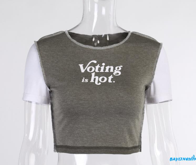 BAY-Women Short Sleeve Letter Print T-shirt Fashion Round Neck Color Block Crop Top for L | BigBuy360 - bigbuy360.vn