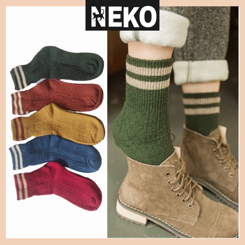 Vớ len cao cổ, tất len hai sọc cổ cao vintage NEKO