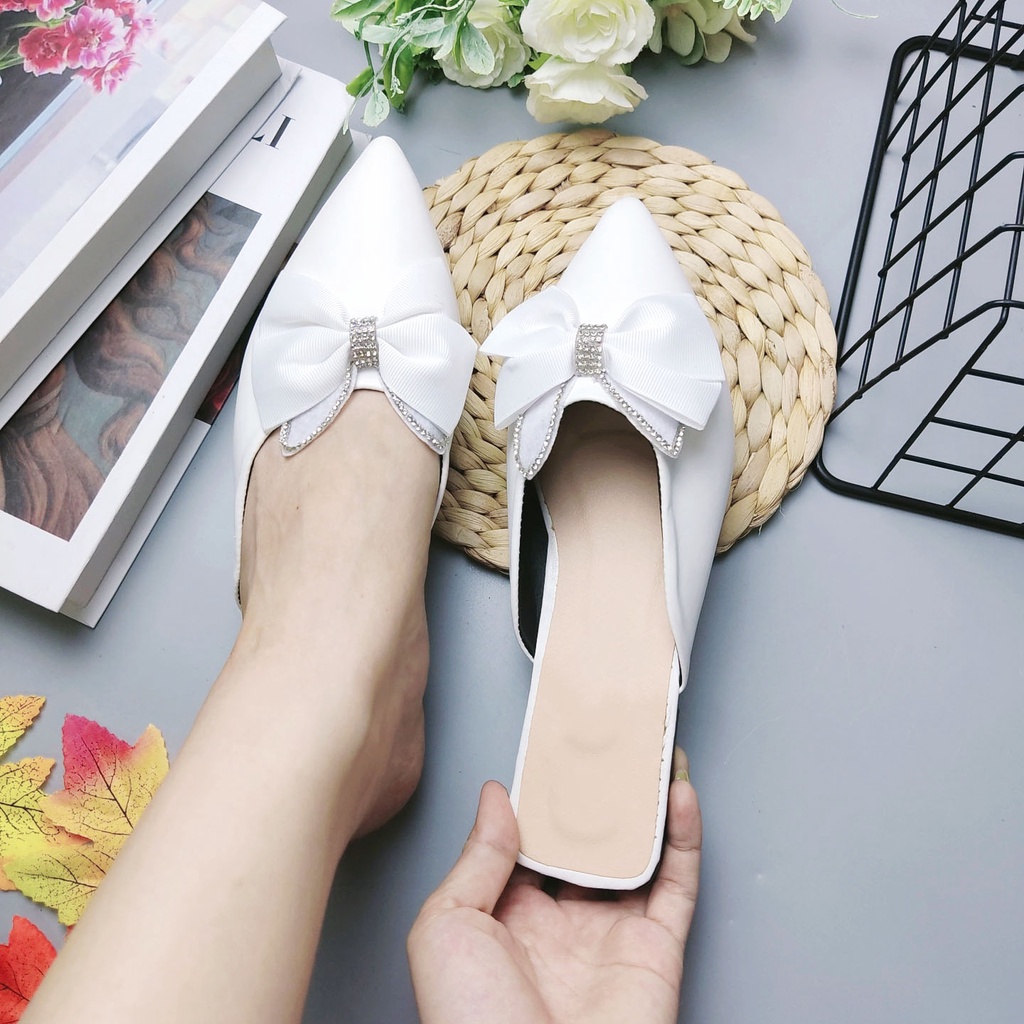 Giày búp bê nữ mũi nhọn phối nơ chất da mềm cao cấp