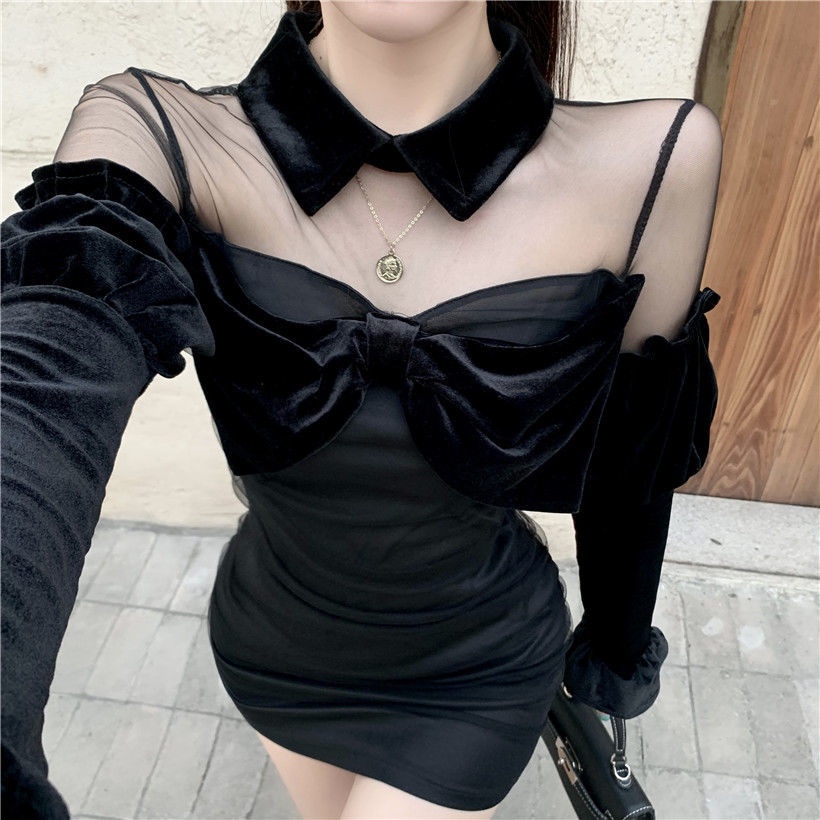 Đầm Nhung Phối Lưới Quyến Rũ Thời Trang Mùa Xuân Cho Nữ