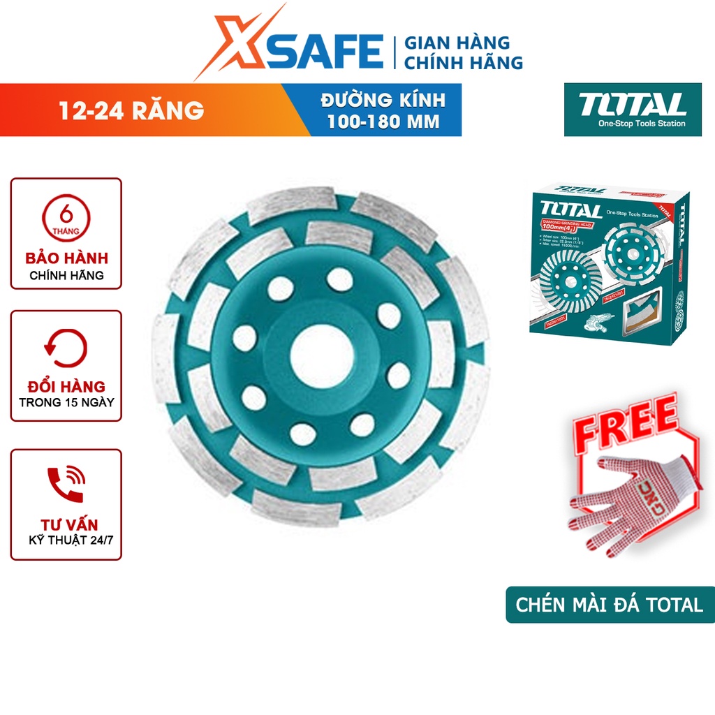 Chén mài đá/bê tông TOTAL đường kính từ 100-180mm, lỗ cốt 22.22-22.23mm, 12-24 răng - [XSAFE]