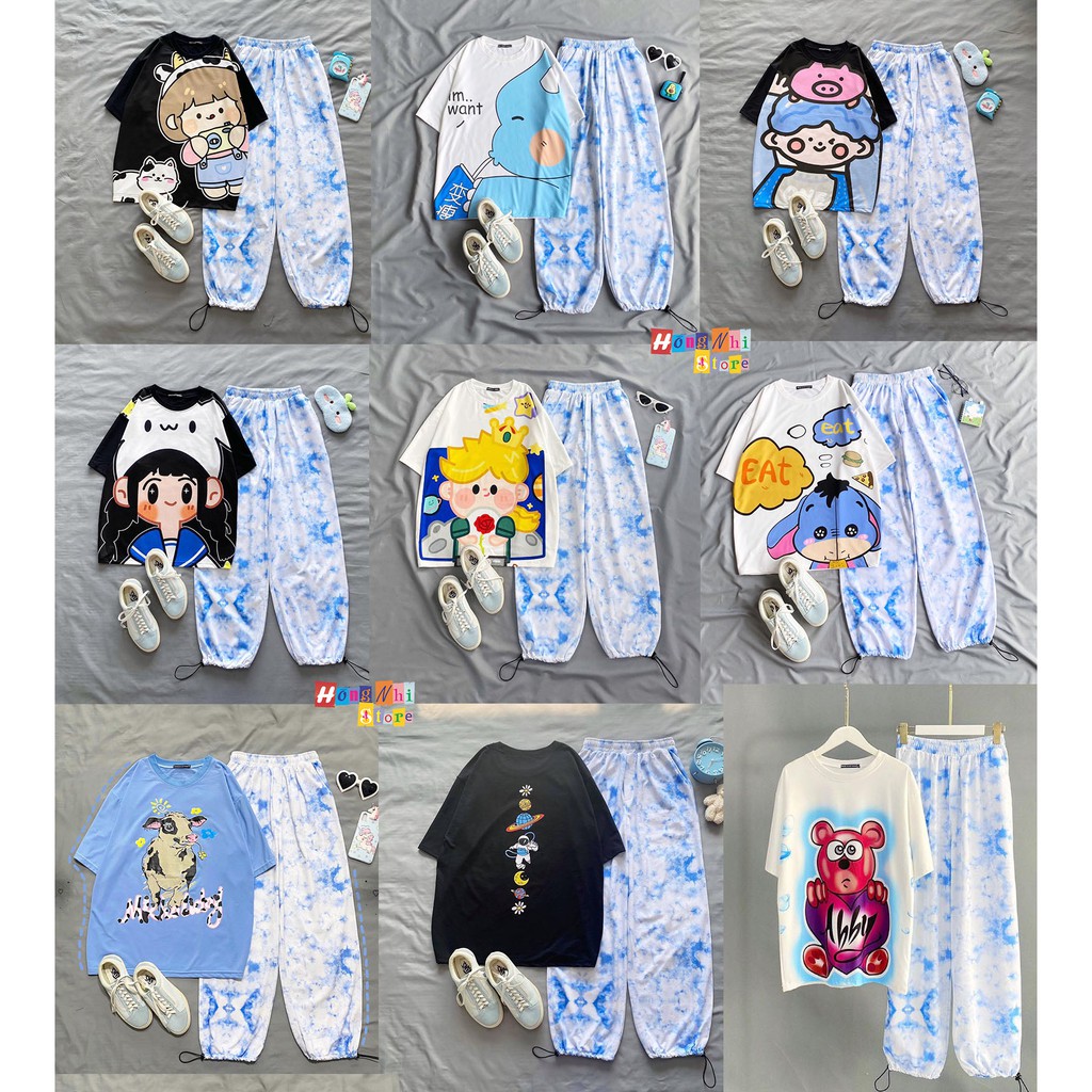Set Bộ Áo Thun Tay Lỡ In Hình Tie Tee Phối Quần Jogger 3D Dây Rút Ulzzang Unisex Dáng Rộng - MM