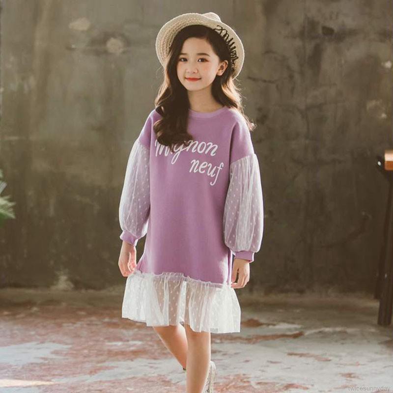 Đầm đuôi cá dài tay phối lưới thời trang cho bé gái