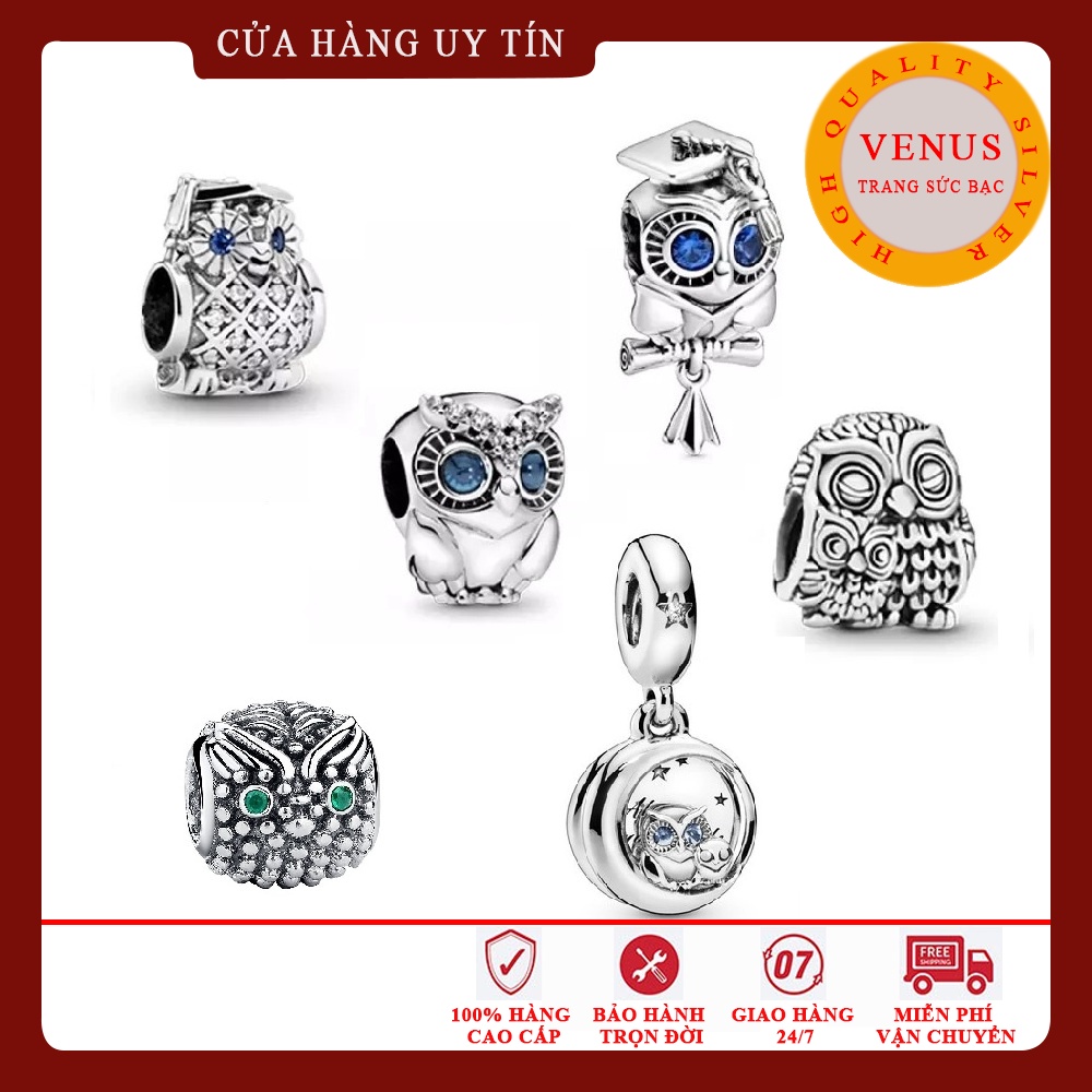 Charm cú mèo- Biểu tượng của sự thông thái, hiếu học- Bạc 925 cao cấp- Trang Sức Bạc Venus