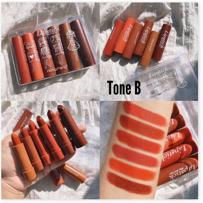 [Mã giảm giá] 🌈🥑🍑 Set 6 Cây Son Sáp Siêu Lì Và Mịn Môi Lipstick  N0.H134 Silky Vivid Color Hengfang Cute Hột Me-W65-D