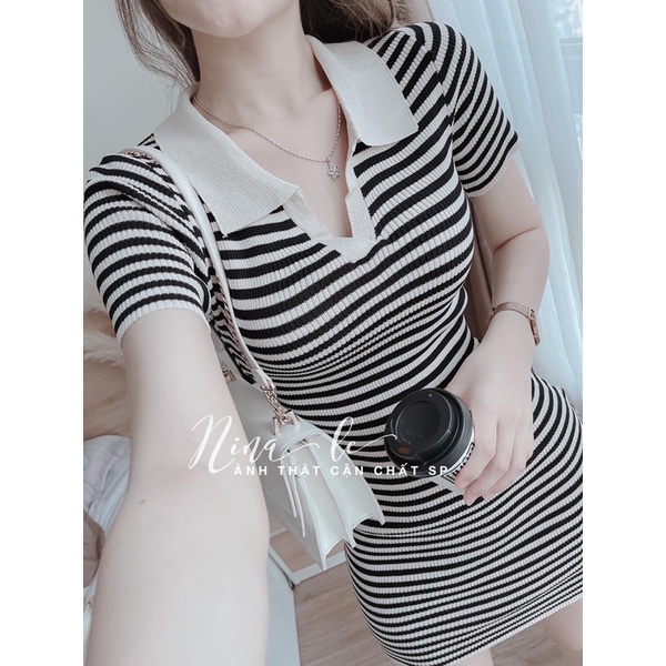 Đầm Body Sọc Cổ Bẻ Xẻ V