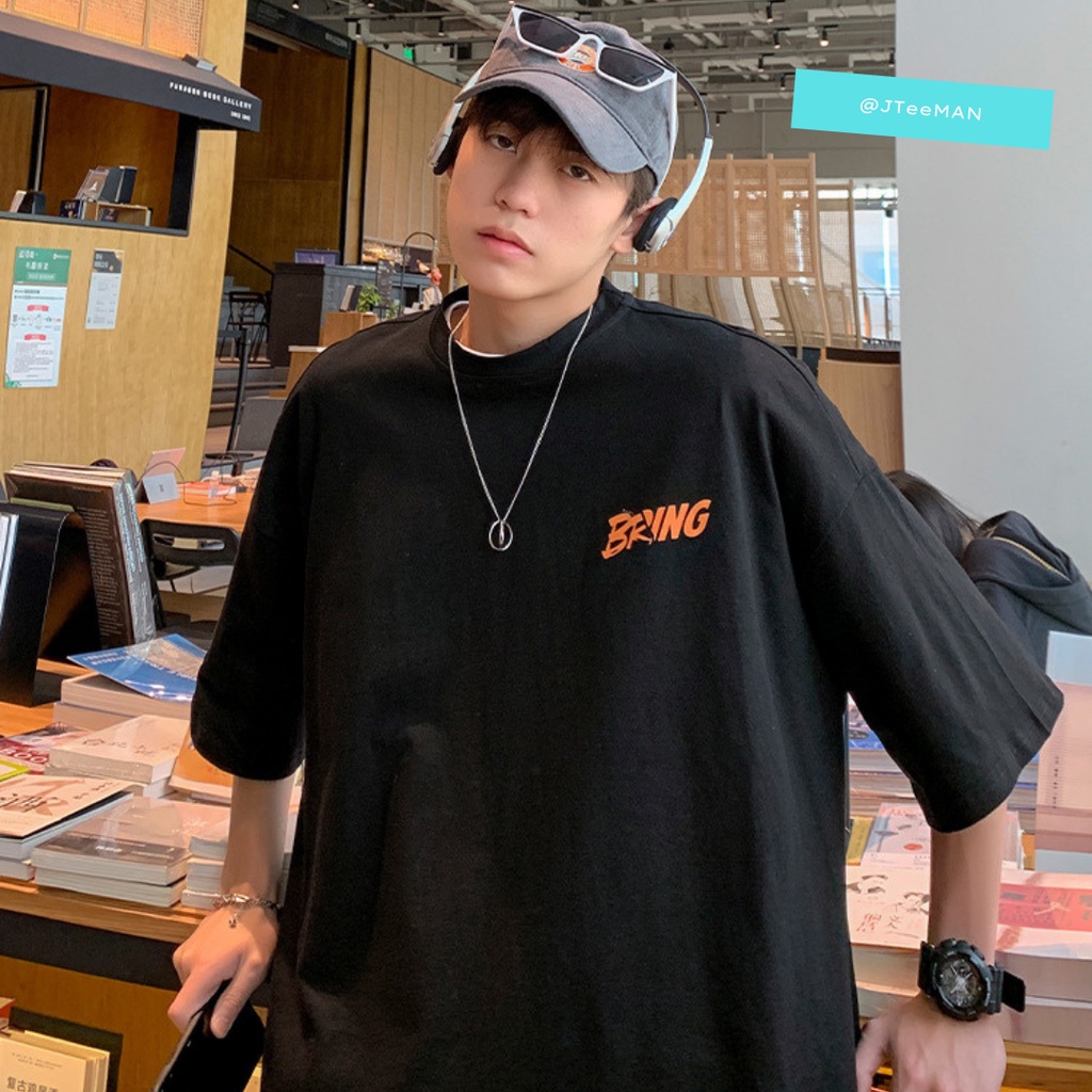 Áo phông unisex form rộng, áo thun unisex tay lỡ in chữ Bring On The Night nam nữ vải cotton 2 màu trắng đen JT28