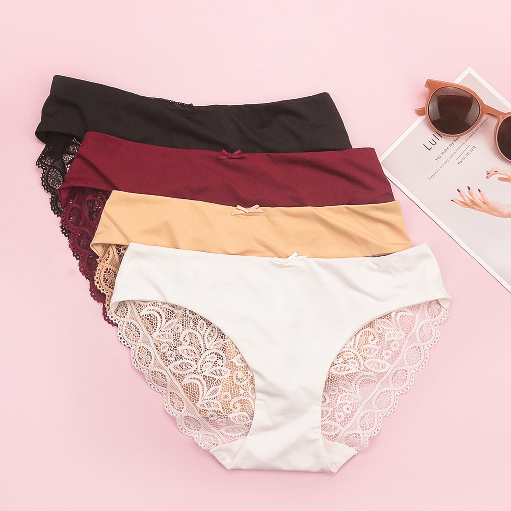 Quần Lót Nữ Thun Lạnh Phối Ren Cạp Vừa Luperi Dáng Bikini Mềm Mịn Co Giãn Không Lằn Mông Kháng Khuẩn Khử Mùi Tốt Sp76