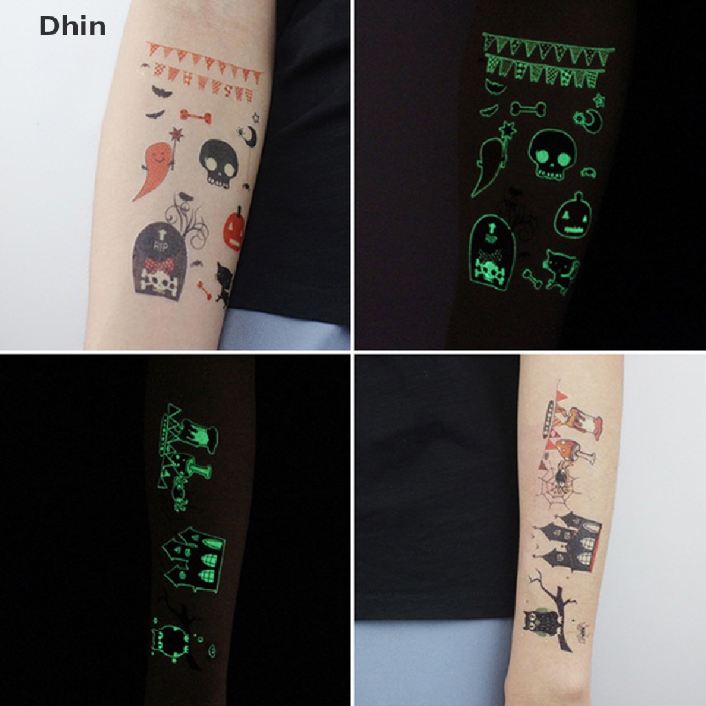 [Dhin] Halloween Luminous Temporary Tattoo Tombstone Fake Glowings Tattoo Sticker COD