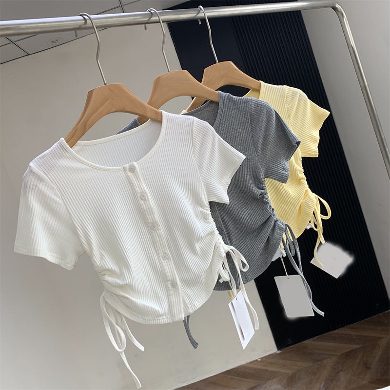 Áo Thun Ngắn Mỏng Ôm Dáng Phối Dây Rút Thời Trang Mùa Hè Phong Cách Mới Dành Cho Nữ