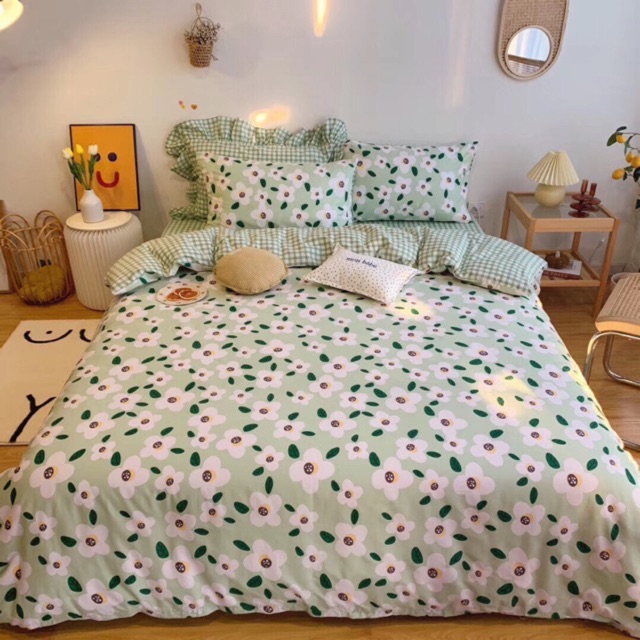 Bộ Chăn Ga Gối Cotton Poly Hoa Mai Xanh