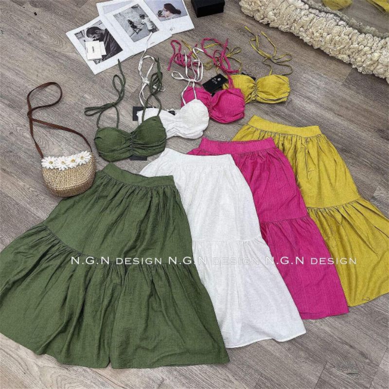 Sét áo 2 dây buộc+chân váy xòe