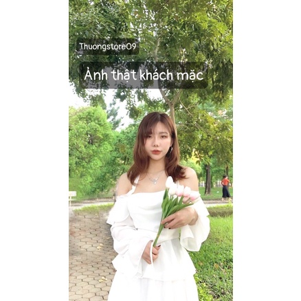 Váy trắng hot trend trễ vai bèo buộc cổ yếm_Thiều Bảo Trâm