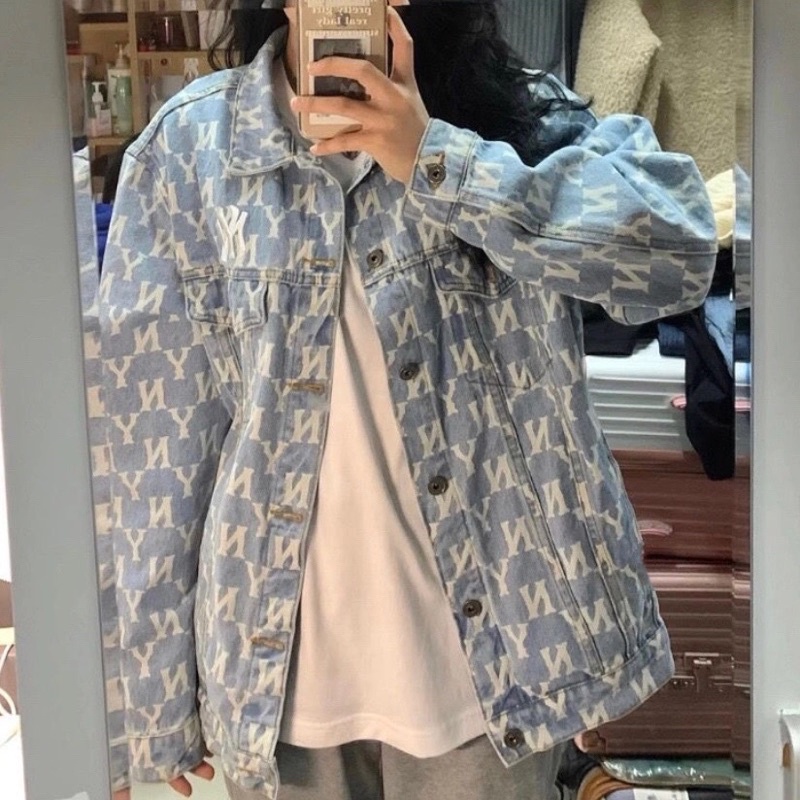 - ẢNH THẬT ÁO KHOÁC BÒ XANH NHẠT DEMIN HOẠ TIẾT MLB NY CÁ TÍNH