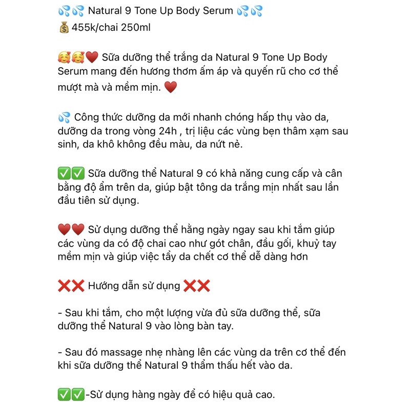 Sữa dưỡng thể trắng da Natural 9 Tone Up Body Serum Hàn Quốc