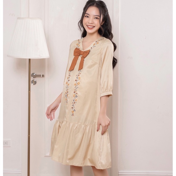 MEDYLA - Đầm bầu dự tiệc mùa thu xinh thêu tay 2 lớp tằm lụa lót cho bầu đi chơi du lịch - VS842