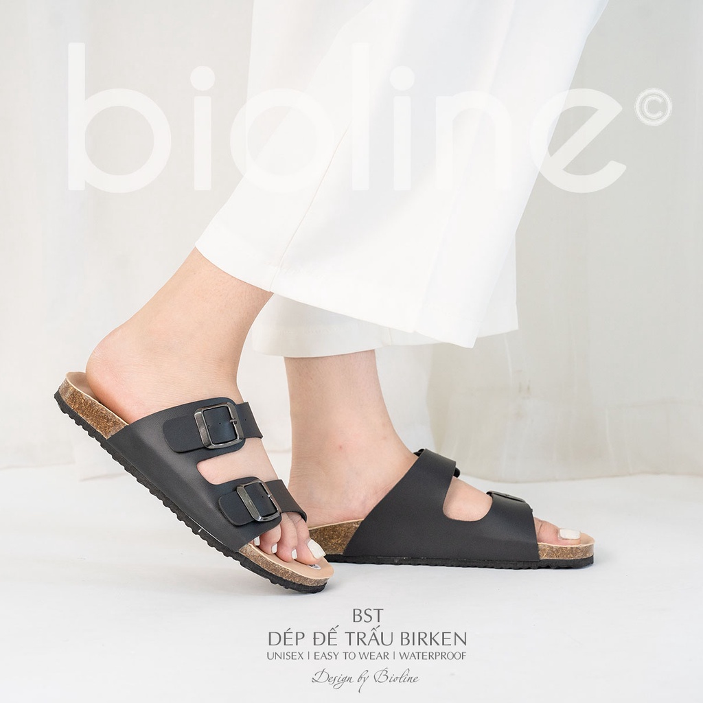 PK01-LÓT CHỐNG NƯỚC - Dép đế trấu Birken nam nữ Unisex, quai ngang, da PU cao cấp, dép công sở chính hãng Bioline