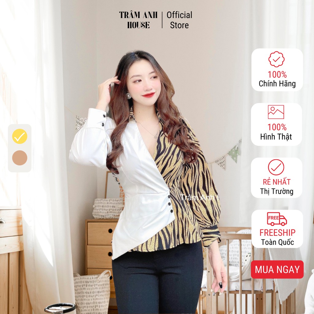 Áo sơ mi nữ phối vằn kiểu đắp chéo, Áo sơ mi chất Lụa mềm mại cao cấp