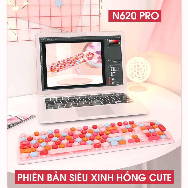Combo Bàn Phím Và Chuột Không Sạc Không Dây Không N620  Siêu Xinh Đen Và Hồng Cute | Dùng Cho, Laptop, PC, Máy Tính