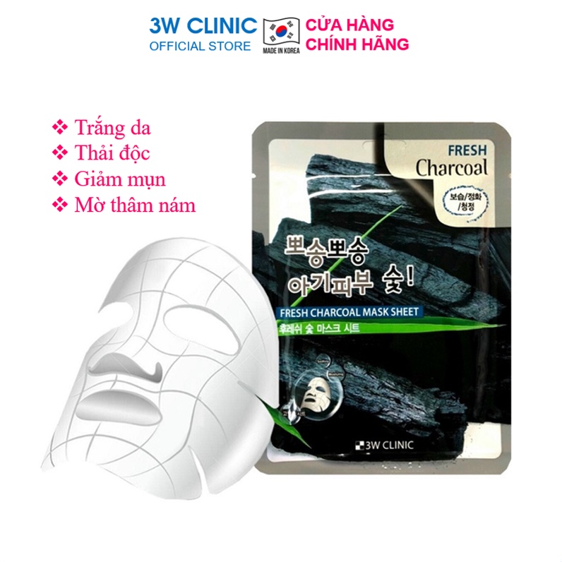 [Lẻ Miếng] Mặt nạ giấy dưỡng trắng da giảm mụn thải độc chiết xuất than hoạt tính 3W Clinic Hàn Quốc 23ml